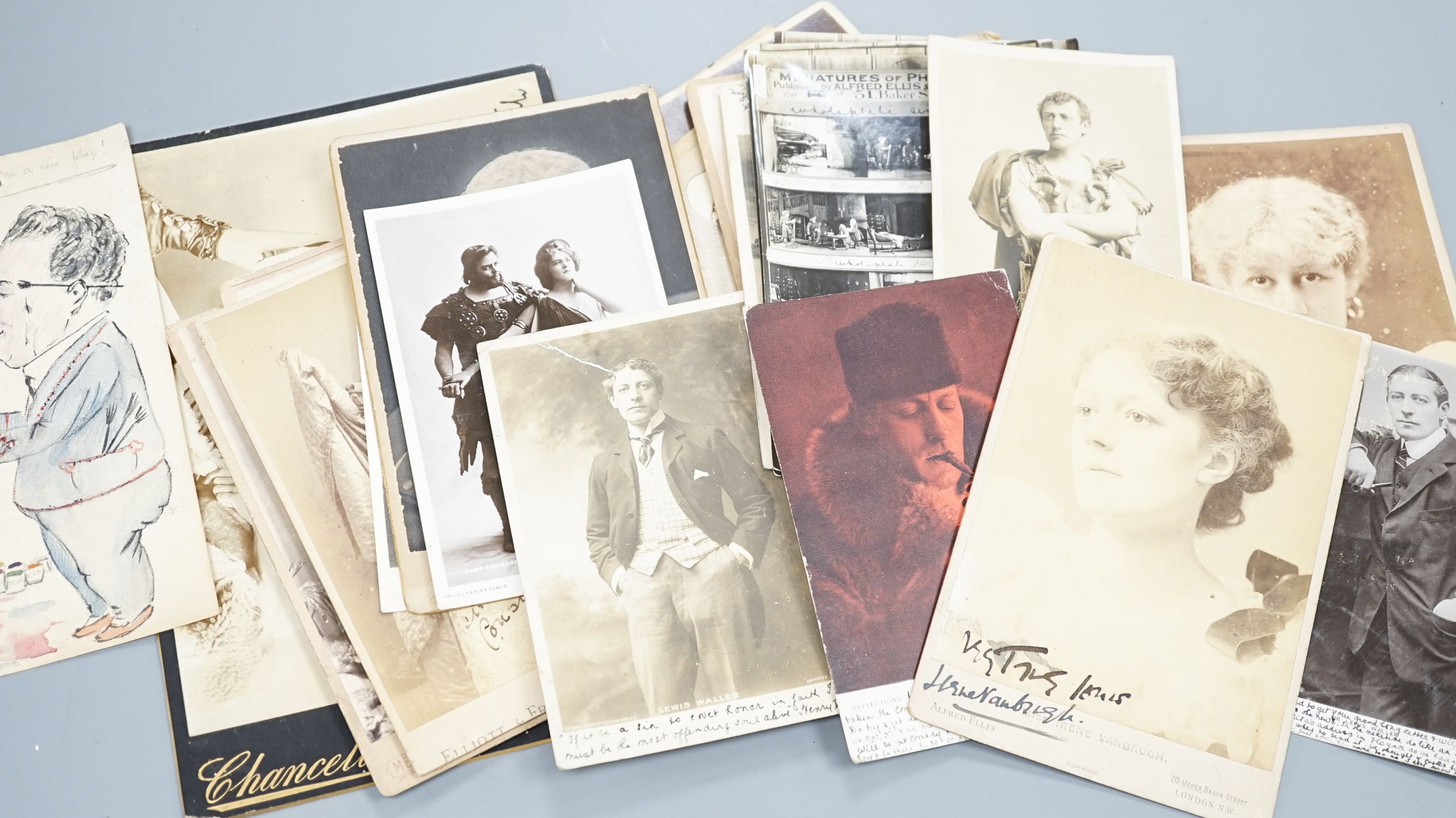 A collection of Victorian and later monochrome theatrical portrait photographs including signed examples of Irene and Violet Vanbrugh and Sir Francis Robert Benson.